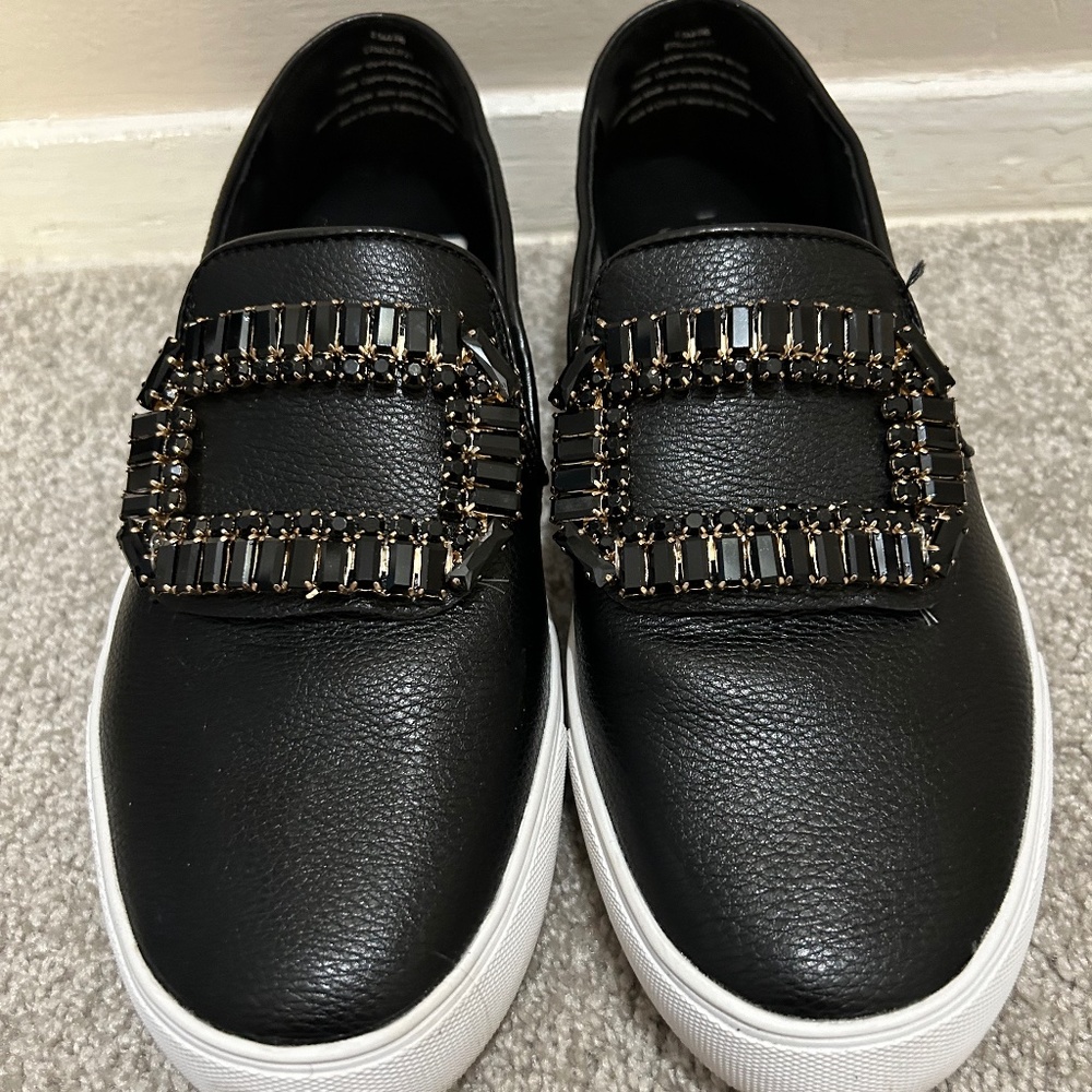 Karl Lagerfeld Black Leather Slip-On Sneakers Sz. 8.5 Excel. Used Condition